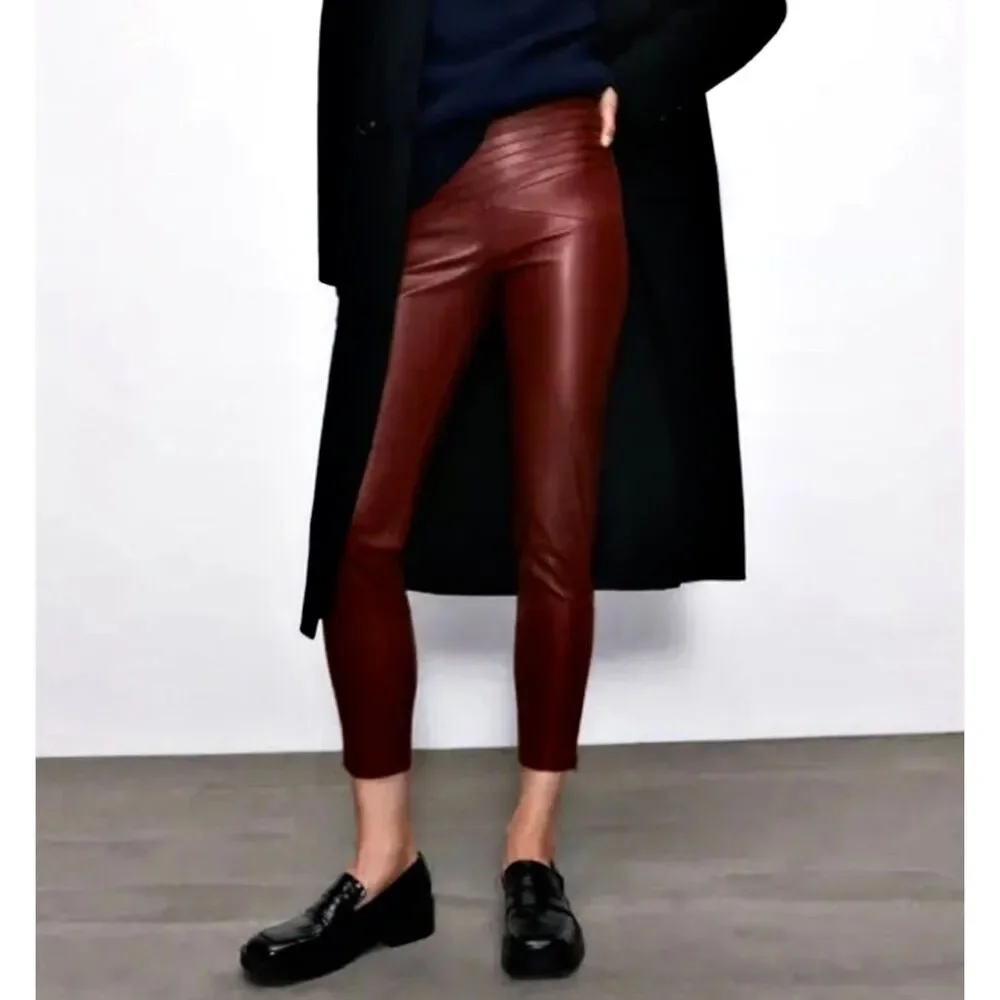 Zara Burgundy Faux Leather High Rise Ankle Cigarette Pants w/Seam Detail, Sz S